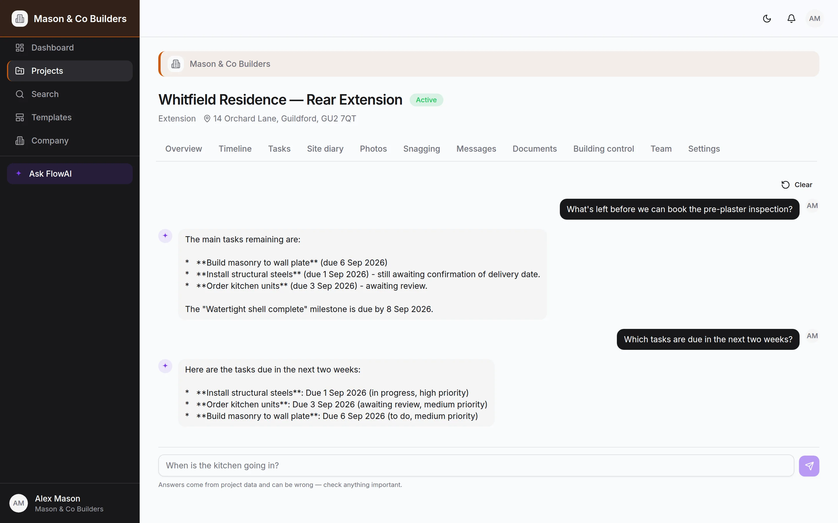 The full-page FlowAI assistant, answering two questions about a live project