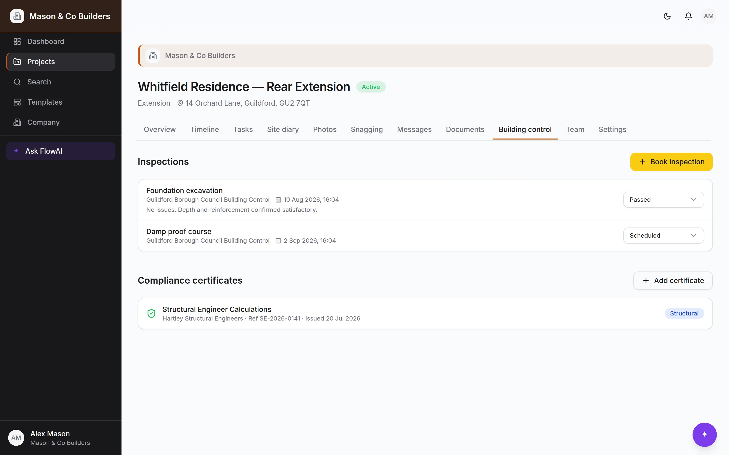 Building-control inspections and compliance certificates for a project