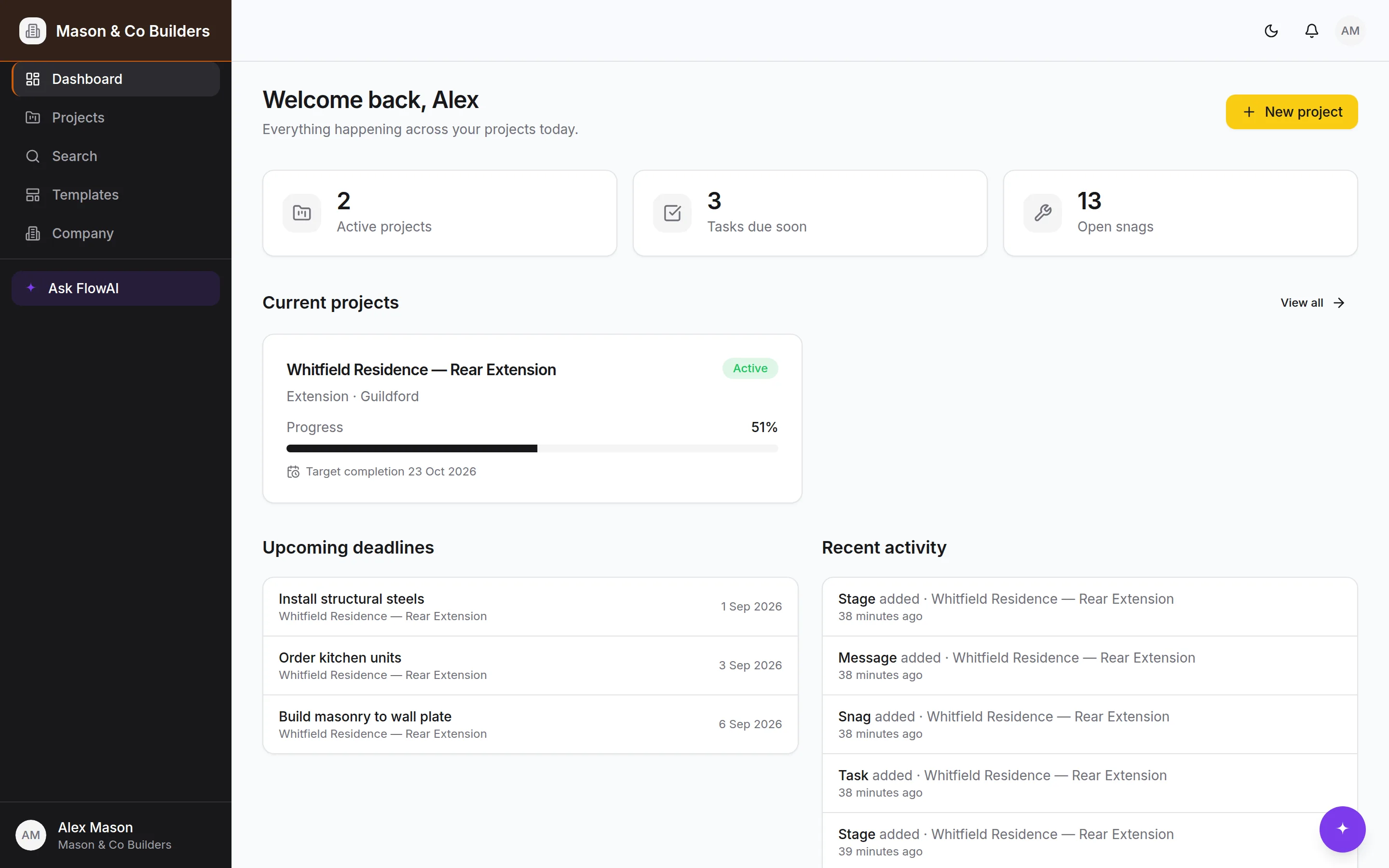 The BuildFlow dashboard, showing active projects, upcoming deadlines and recent activity