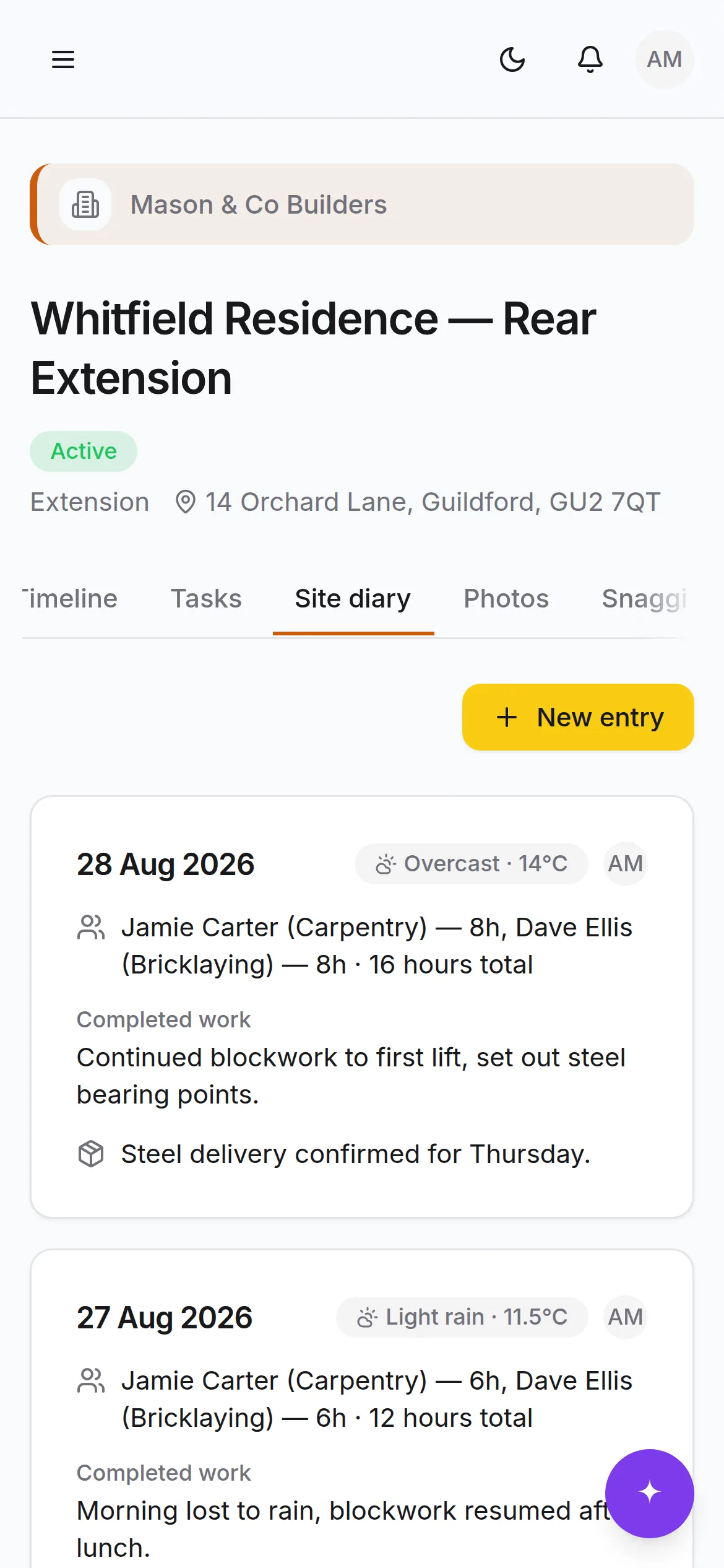The site diary on a phone