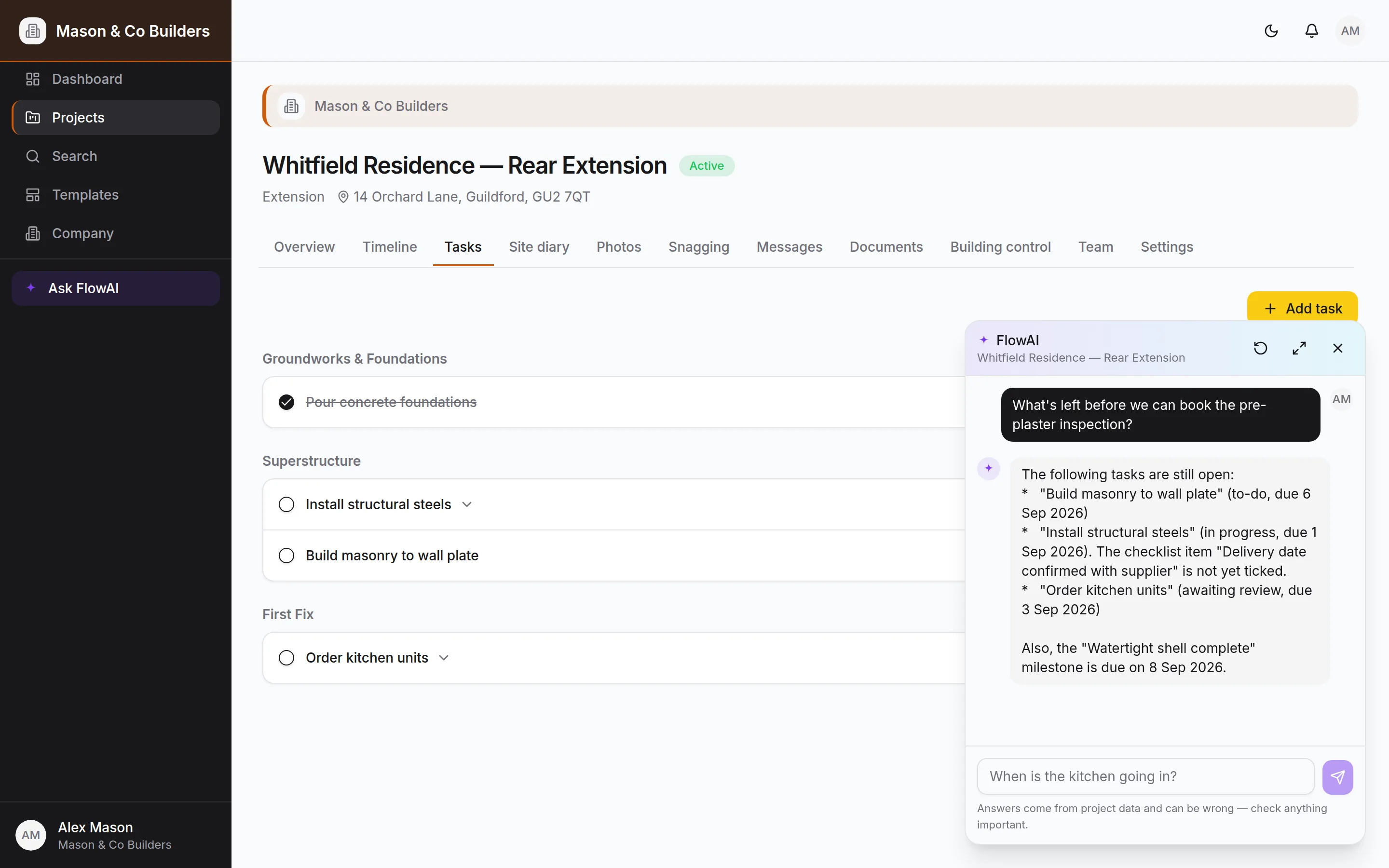 The FlowAI assistant open over a project timeline, answering a question about the job
