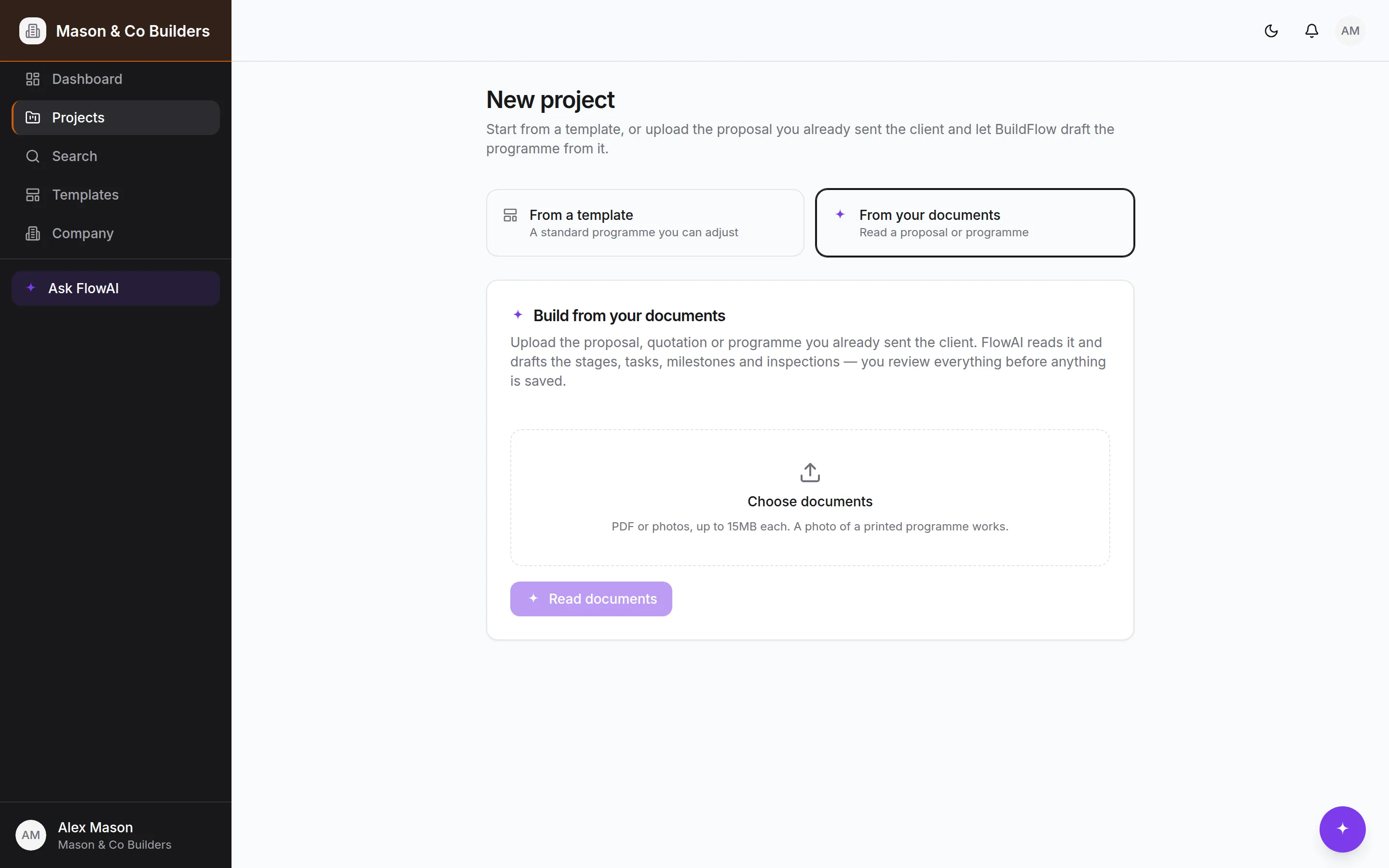 Starting a project from an uploaded proposal, with FlowAI reading the document