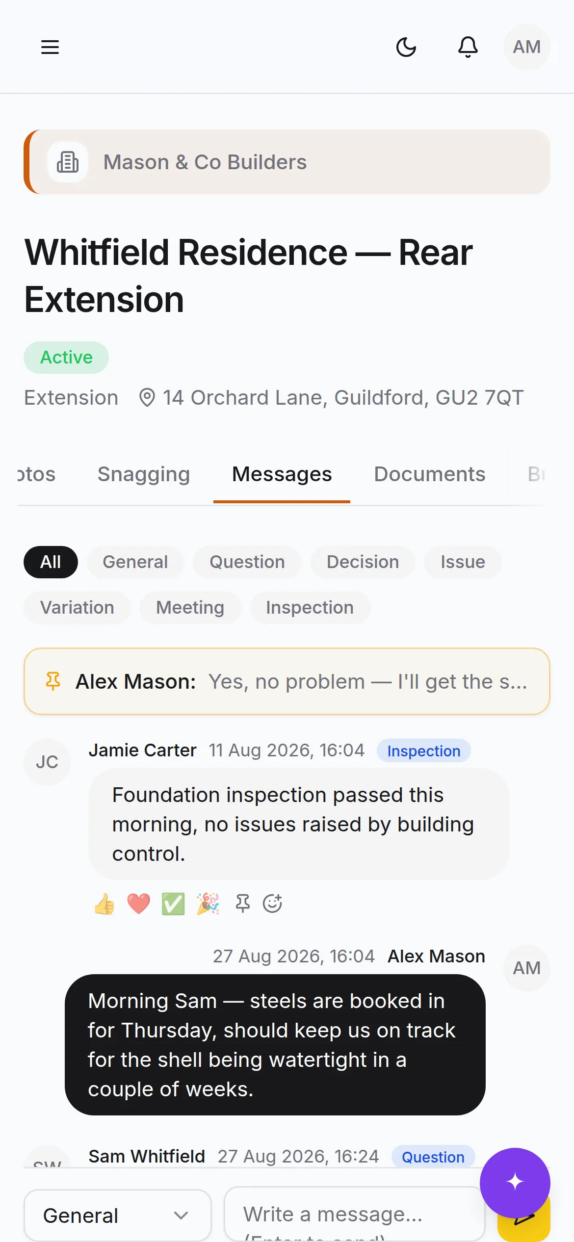 The project message thread on a phone