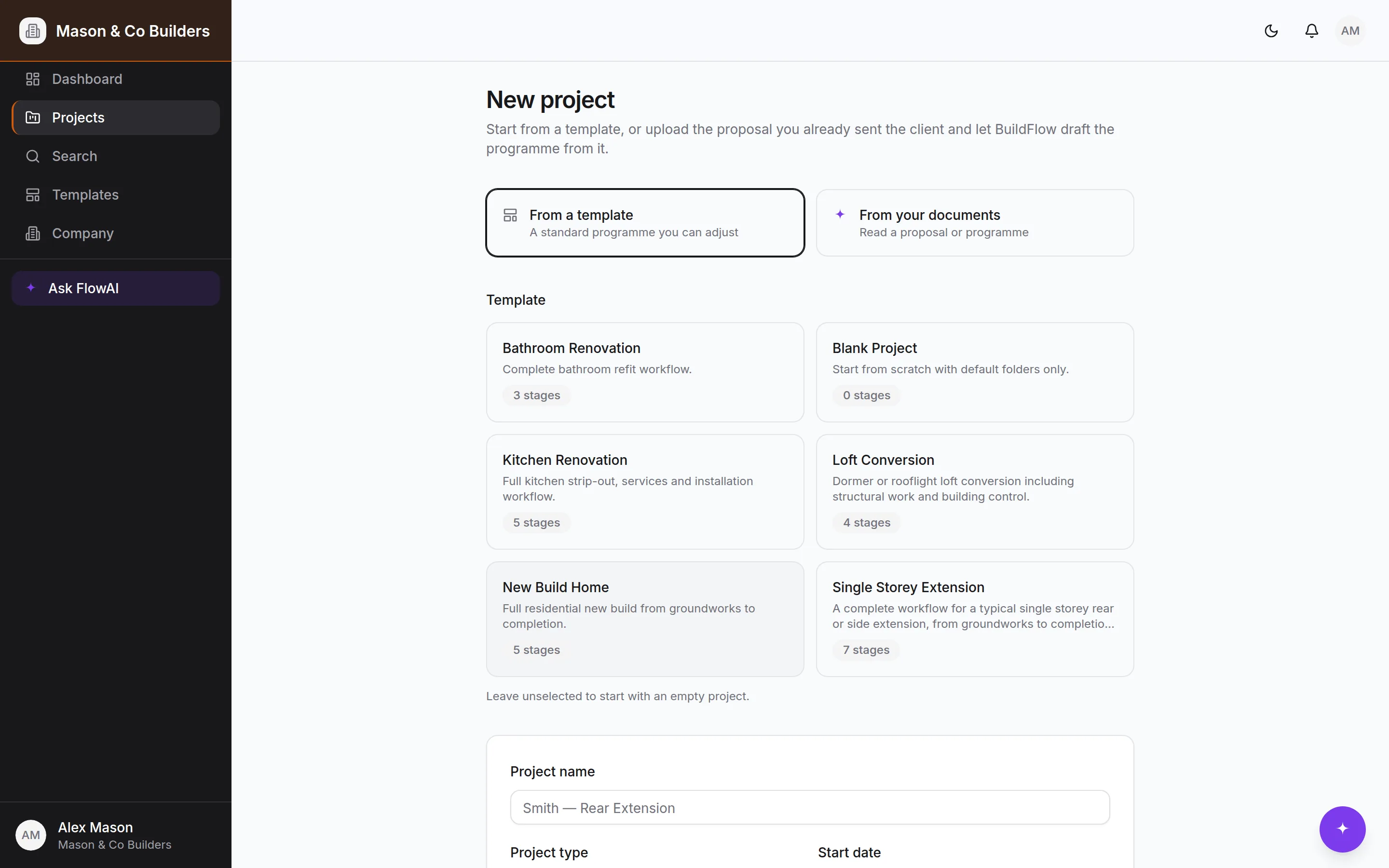 Starting a new project: pick a template, or let FlowAI read your own proposal