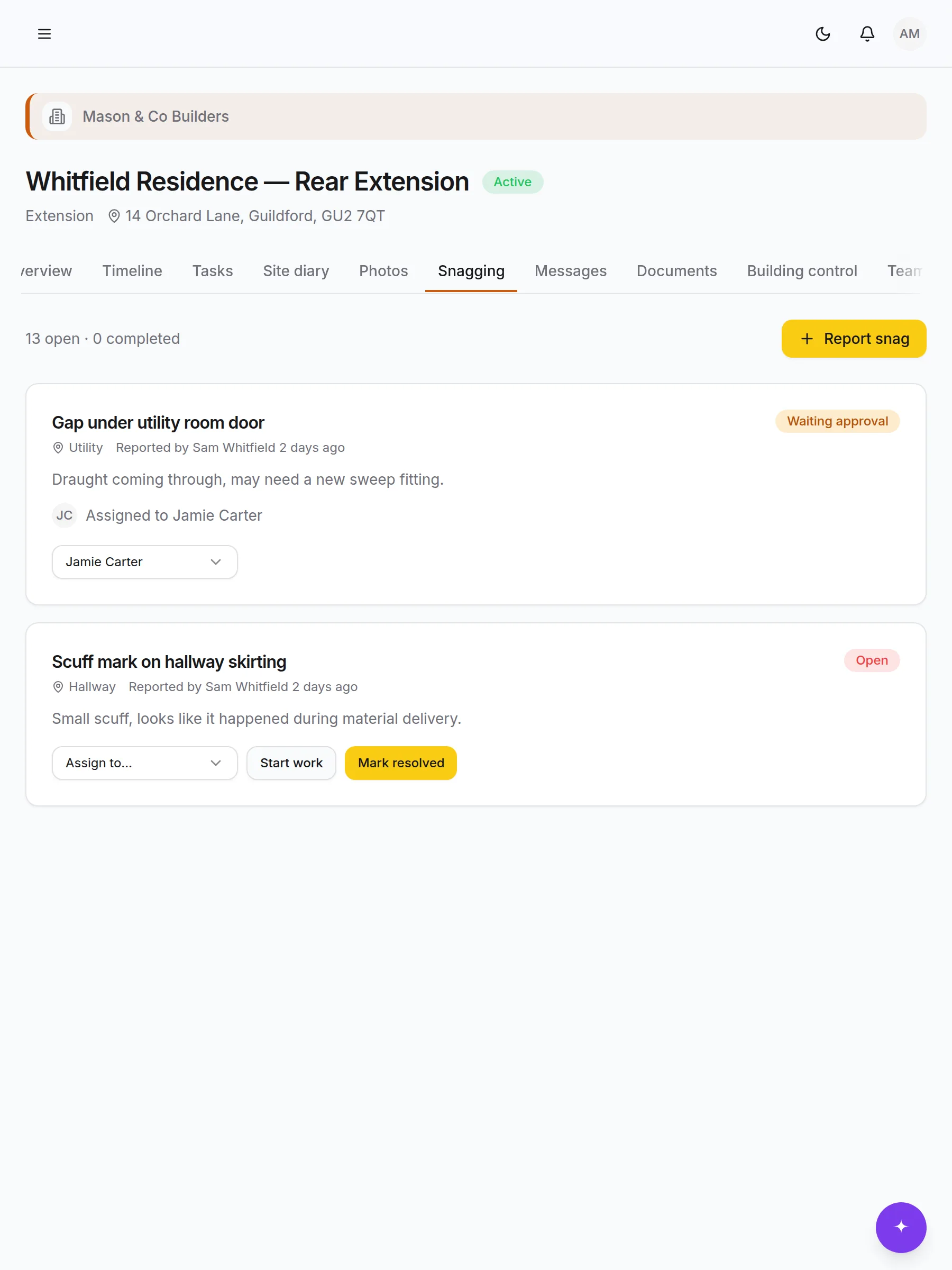 The snag list, with statuses and assignees