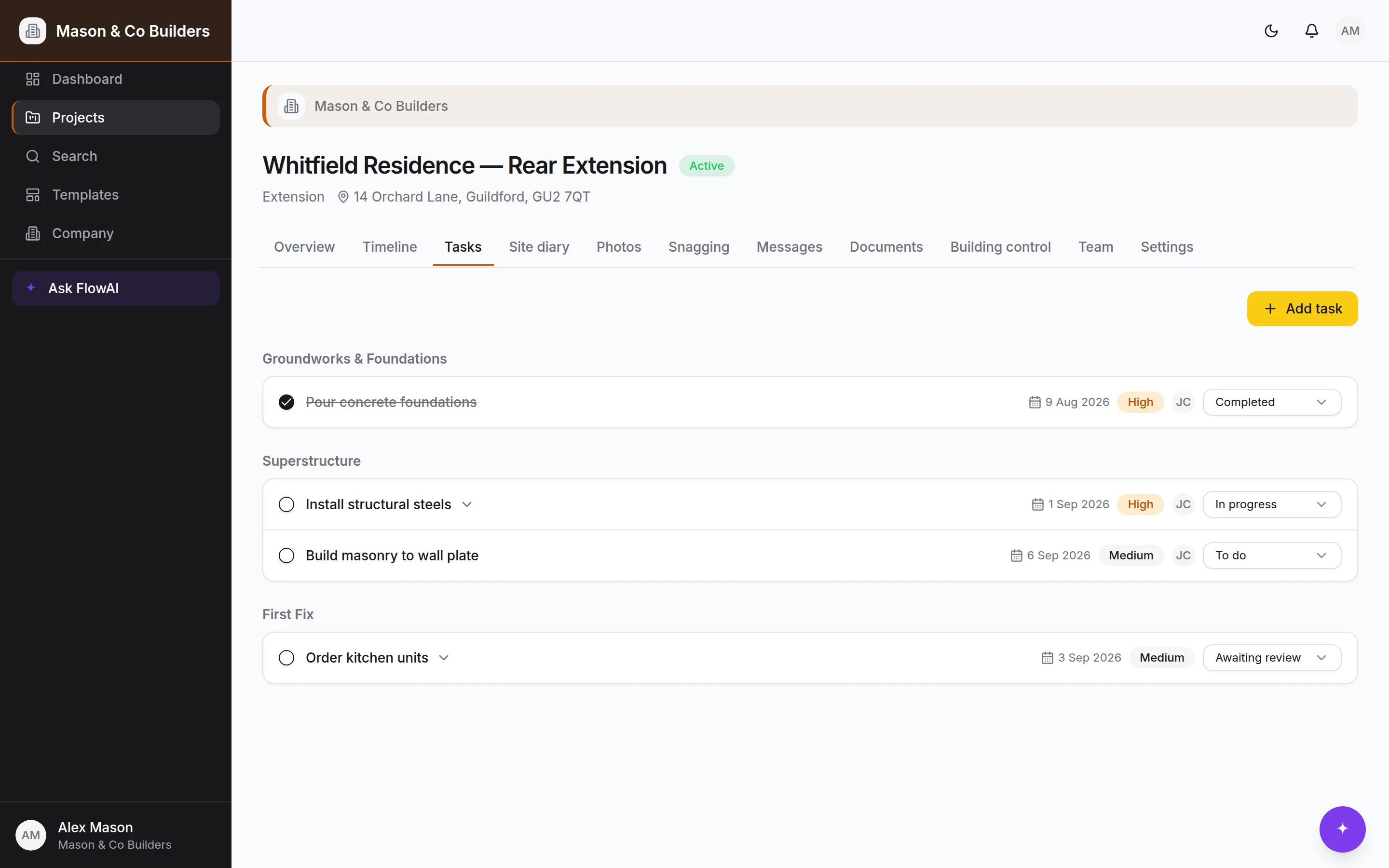 The task list, grouped by stage, with priorities, assignees and statuses